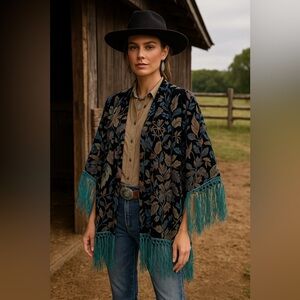New! Double D Ranch Burnout Velvet Floral Kimono Cape Turquoise Fringe 🤠 Large